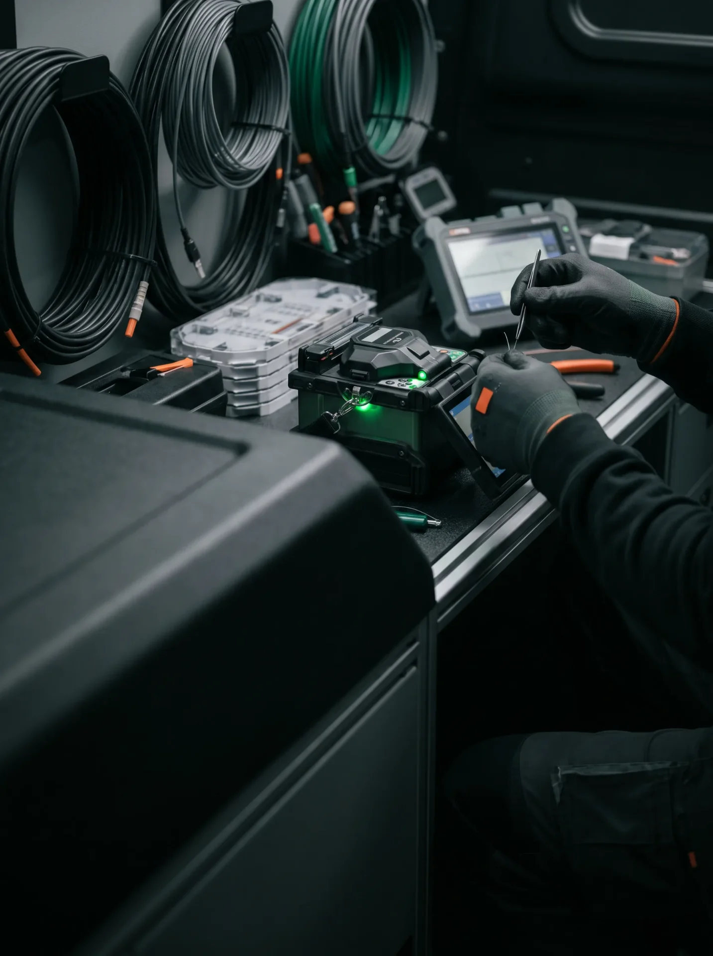 Technician splicing fibre-optic cable with professional equipment