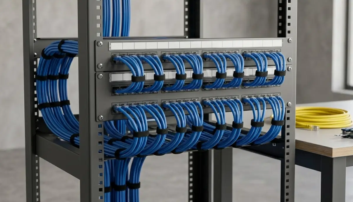 Neatly organised blue network cables connected to a patch panel